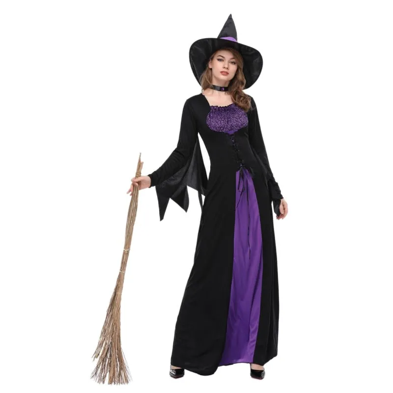 1 Set Female Halloween Witch Plus Size Long Dress Terror Costume Autumn Winter Party Dresses(with Bib And hat)