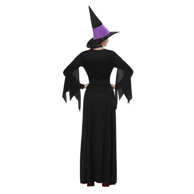 1 Set Female Halloween Witch Plus Size Long Dress Terror Costume Autumn Winter Party Dresses(with Bib And hat)