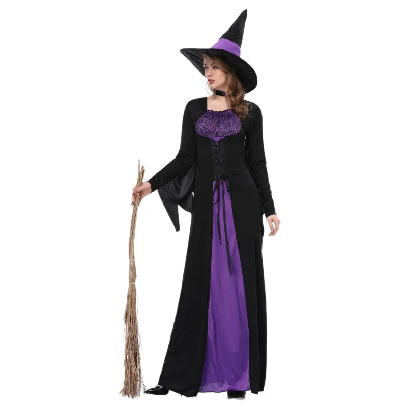 1 Set Female Halloween Witch Plus Size Long Dress Terror Costume Autumn Winter Party Dresses(with Bib And hat)