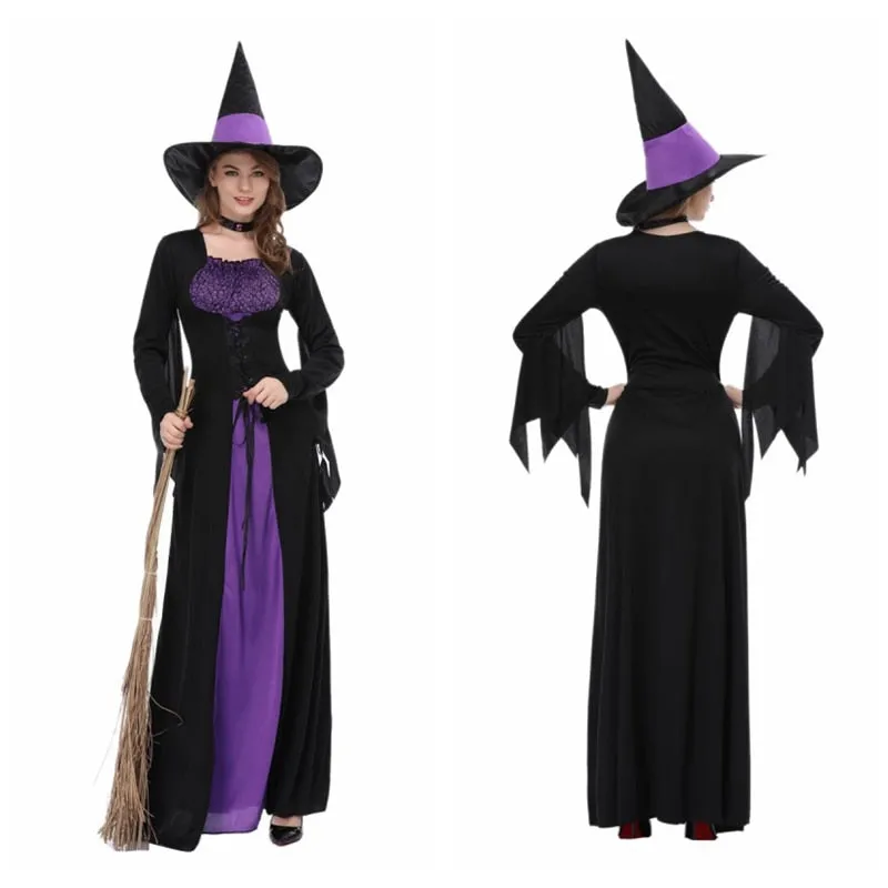 1 Set Female Halloween Witch Plus Size Long Dress Terror Costume Autumn Winter Party Dresses(with Bib And hat)
