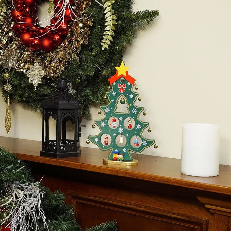 11.25" Red and Green Christmas Tree Cutout with Miniature Ornaments Tabletop Decoration