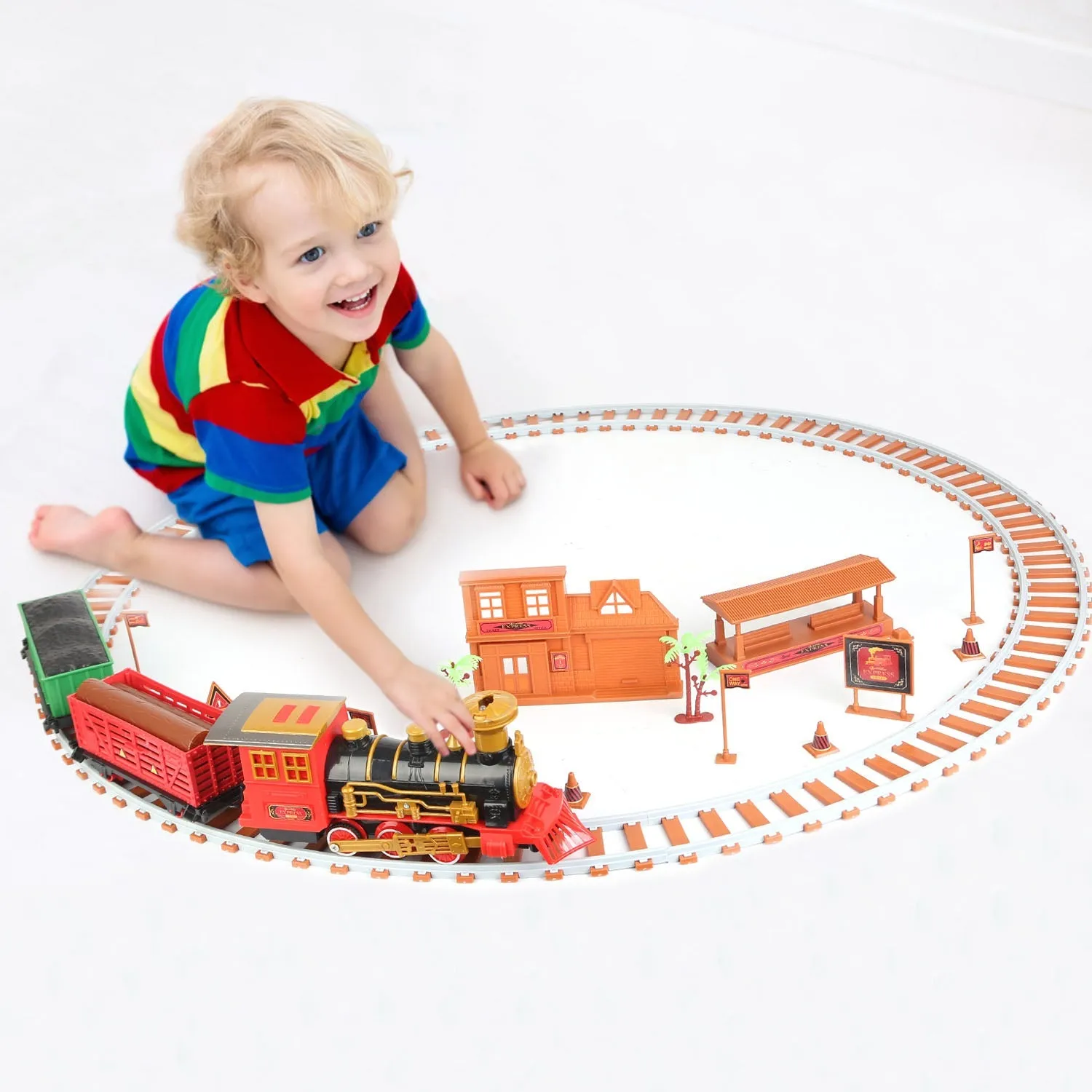 193-Piece: Electric Train Set Steam Locomotive Passenger Coach Coal Car Christmas Train