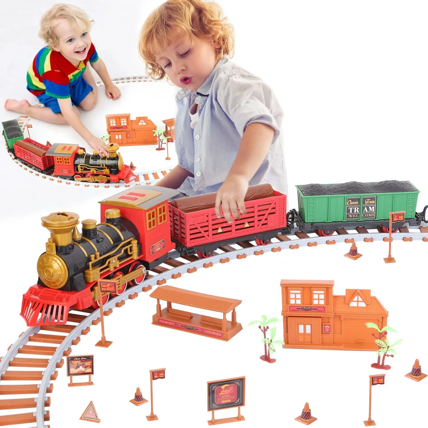 193-Piece: Electric Train Set Steam Locomotive Passenger Coach Coal Car Christmas Train