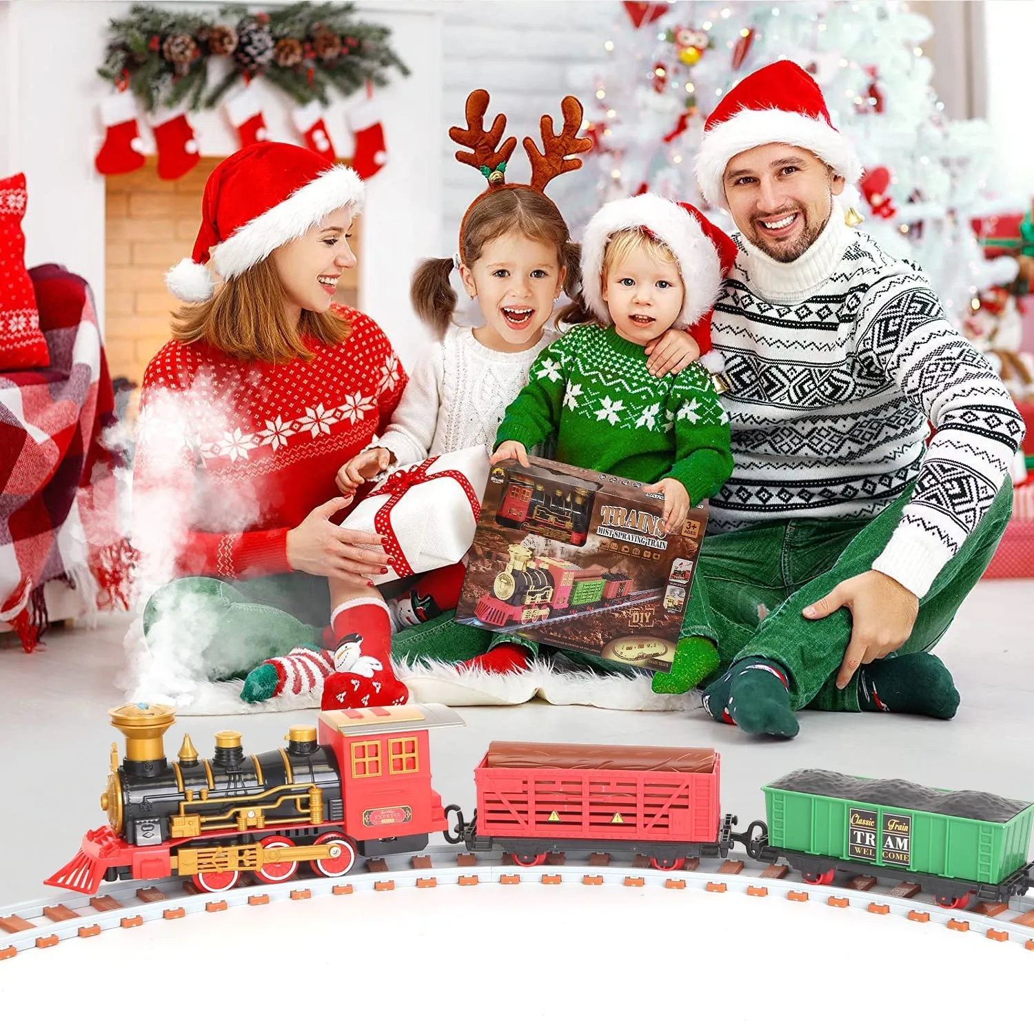 193-Piece: Electric Train Set Steam Locomotive Passenger Coach Coal Car Christmas Train