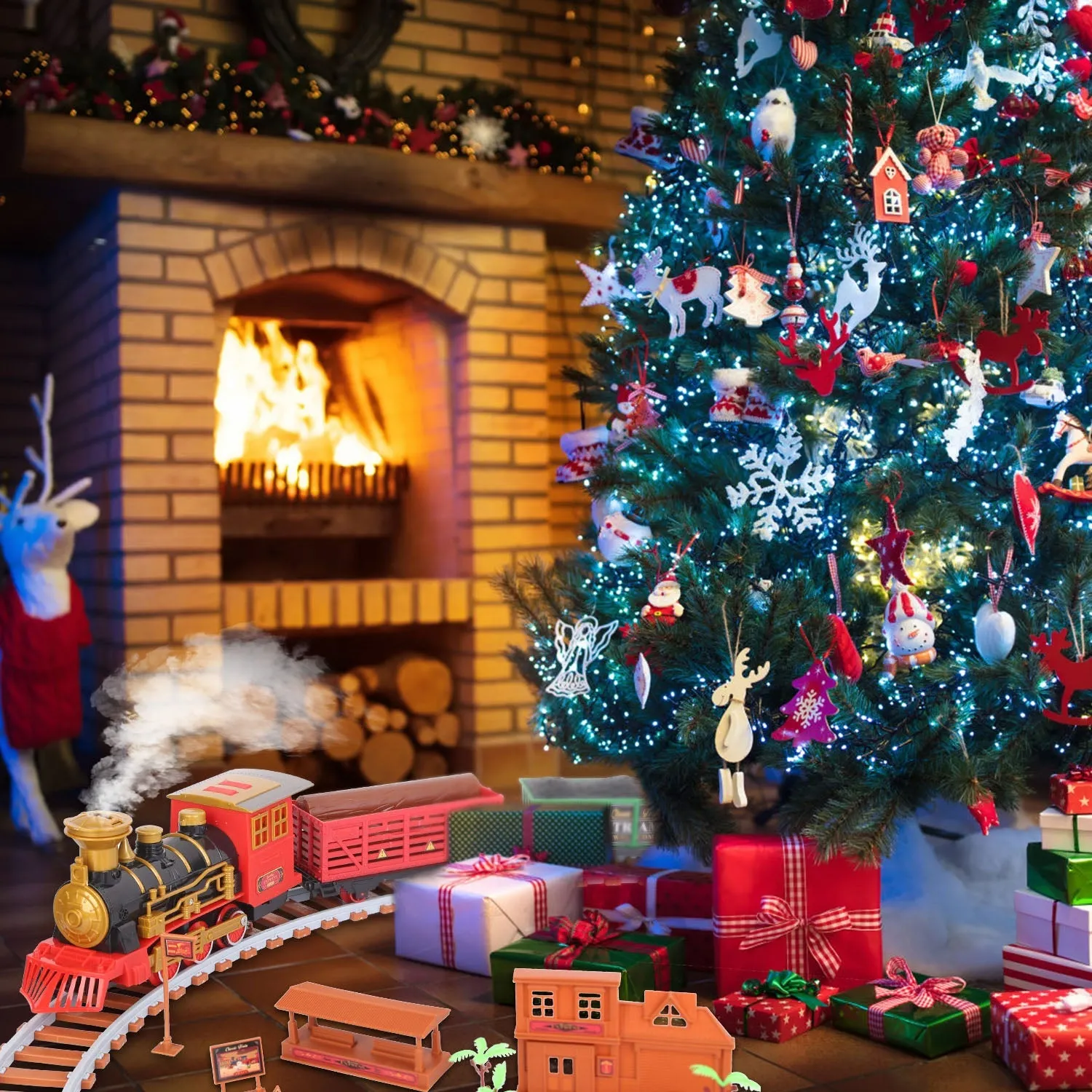 193-Piece: Electric Train Set Steam Locomotive Passenger Coach Coal Car Christmas Train
