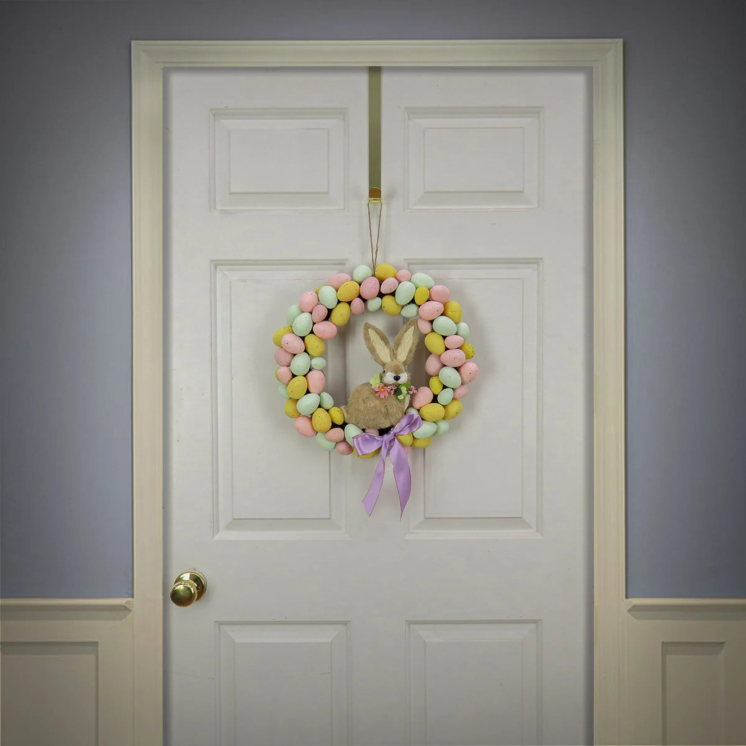 Artificial Hanging Wreath, Woven Branch Base, Decorated with Pastel Eggs, Ribbon, Bunny, Easter Collection, 16 Inches