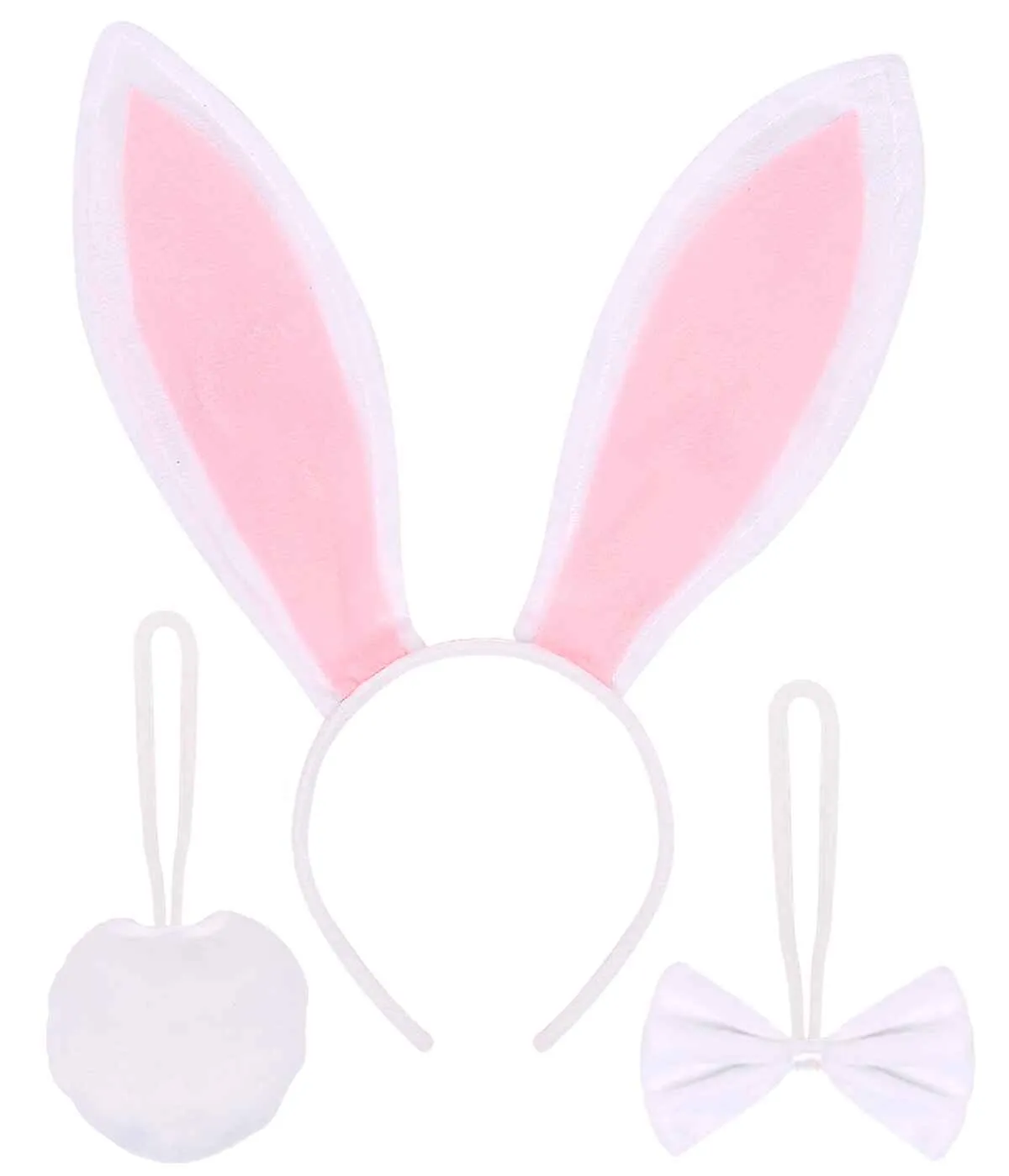 Bunny Ears Headband Kit- White Plush Easter Rabbit Ears Headband, Tail and Bowtie - FUNCREDIBLE