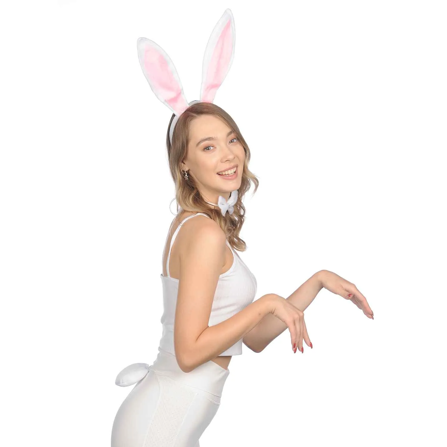 Bunny Ears Headband Kit- White Plush Easter Rabbit Ears Headband, Tail and Bowtie - FUNCREDIBLE