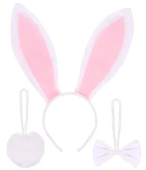 Bunny Ears Headband Kit- White Plush Easter Rabbit Ears Headband, Tail and Bowtie - FUNCREDIBLE
