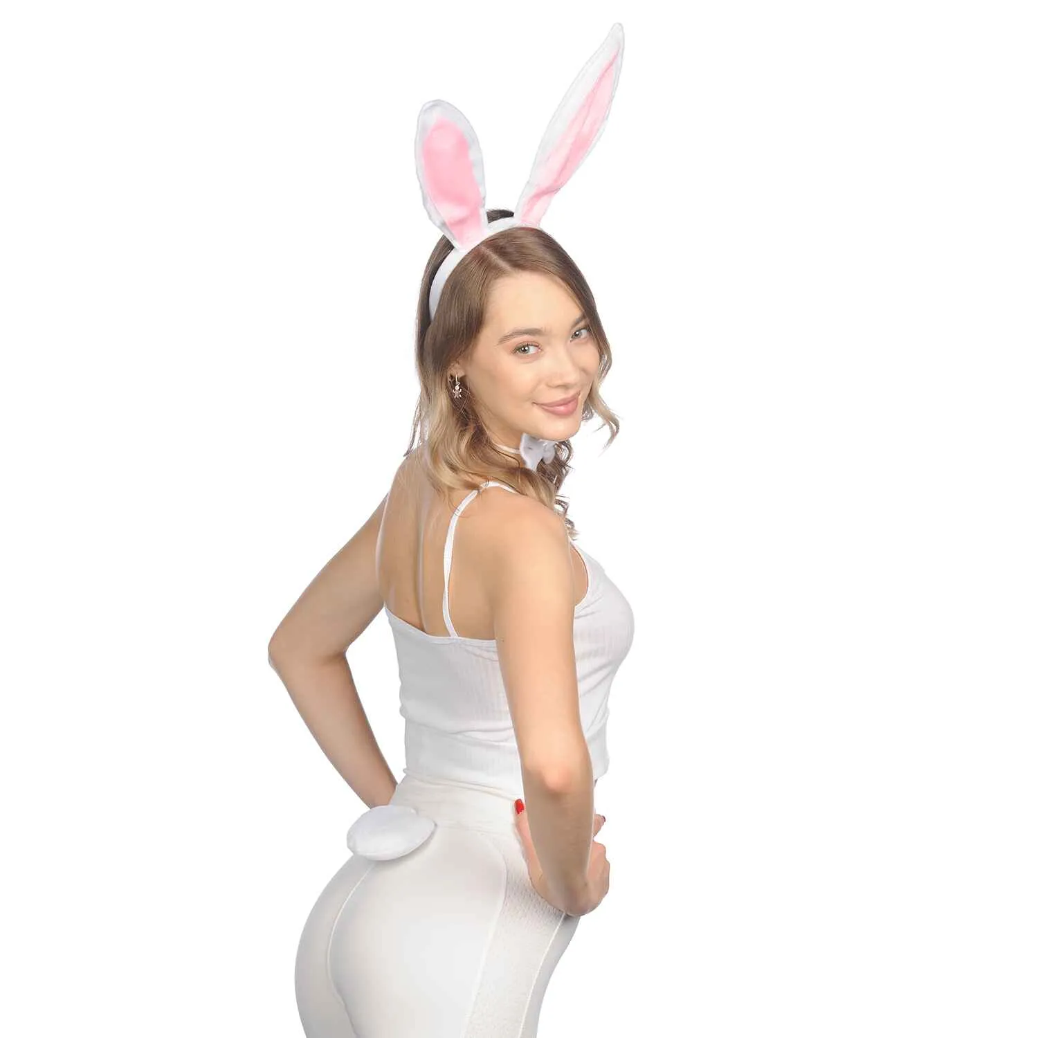 Bunny Ears Headband Kit- White Plush Easter Rabbit Ears Headband, Tail and Bowtie - FUNCREDIBLE
