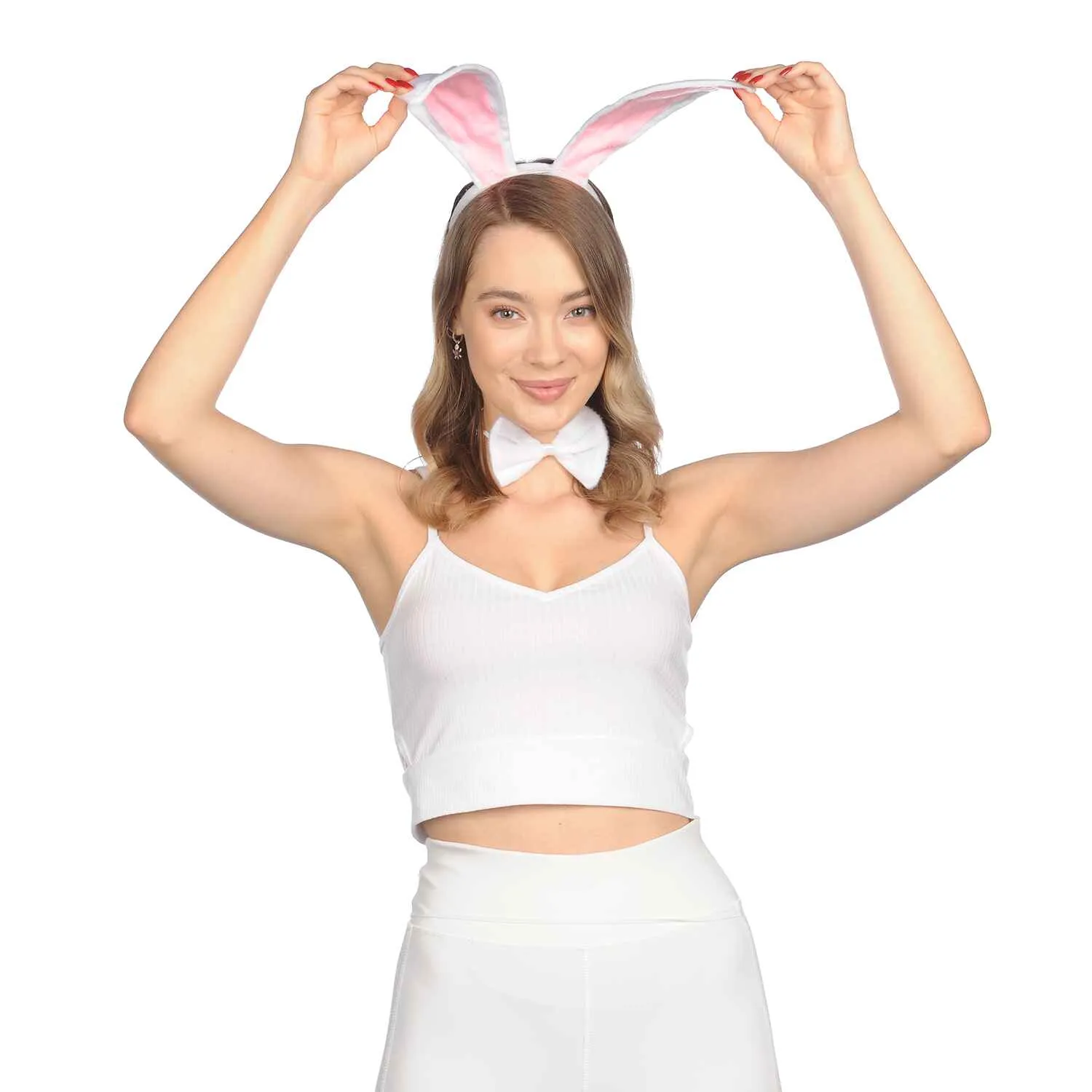 Bunny Ears Headband Kit- White Plush Easter Rabbit Ears Headband, Tail and Bowtie - FUNCREDIBLE