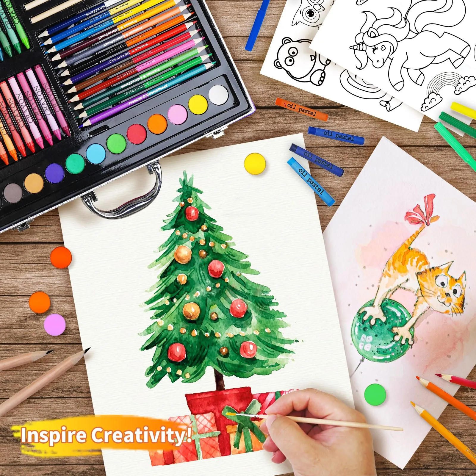 Cokiki Art Supplies, 184-Piece Drawing Art Set, Christmas & Birthday Art Kit for Kids 4 5 6 7 8 9  with Colored Pencils,Crayons,Oil Pastels,Watercolor Paint Set