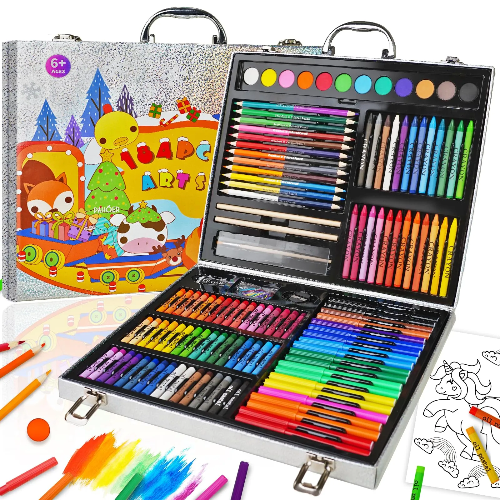 Cokiki Art Supplies, 184-Piece Drawing Art Set, Christmas & Birthday Art Kit for Kids 4 5 6 7 8 9  with Colored Pencils,Crayons,Oil Pastels,Watercolor Paint Set
