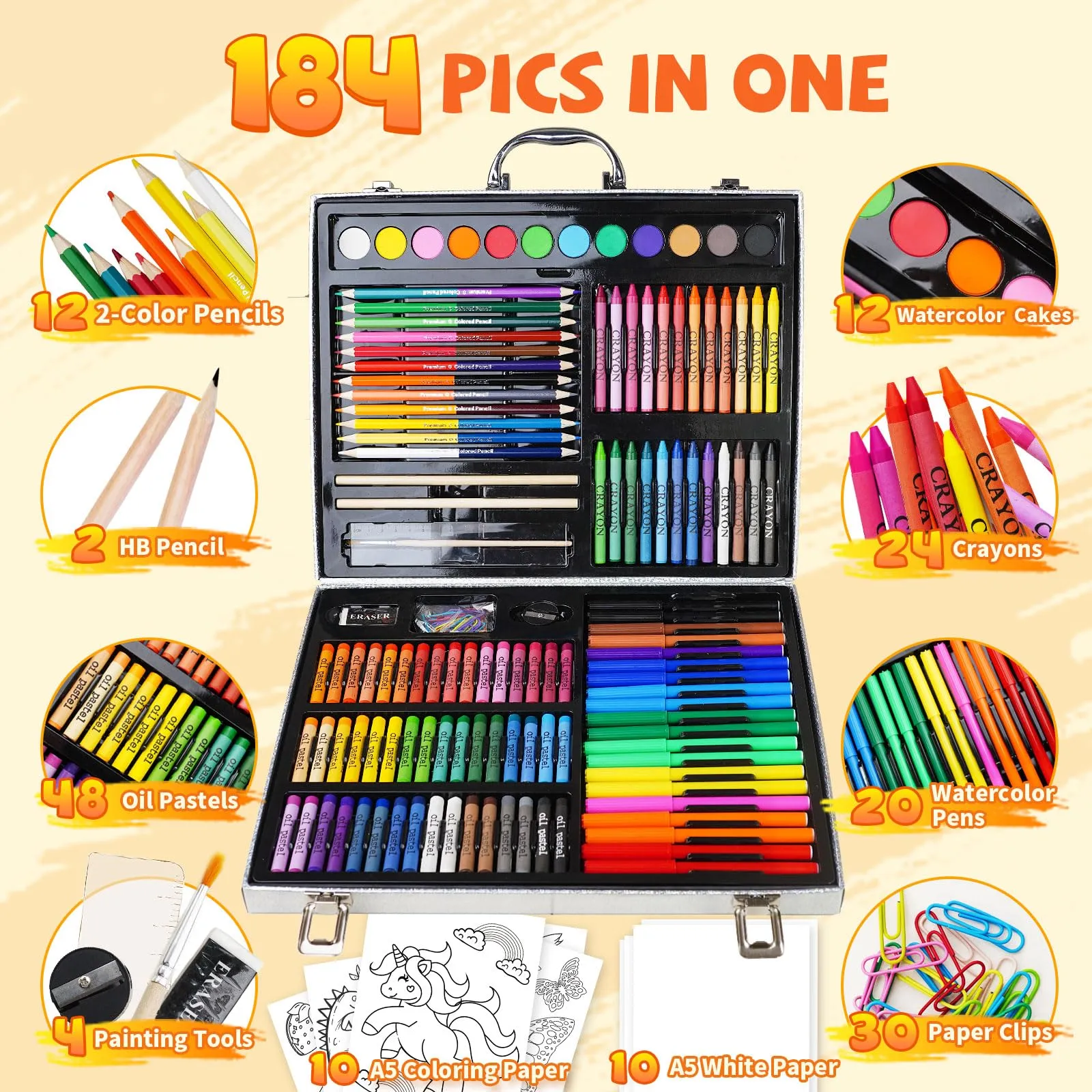 Cokiki Art Supplies, 184-Piece Drawing Art Set, Christmas & Birthday Art Kit for Kids 4 5 6 7 8 9  with Colored Pencils,Crayons,Oil Pastels,Watercolor Paint Set