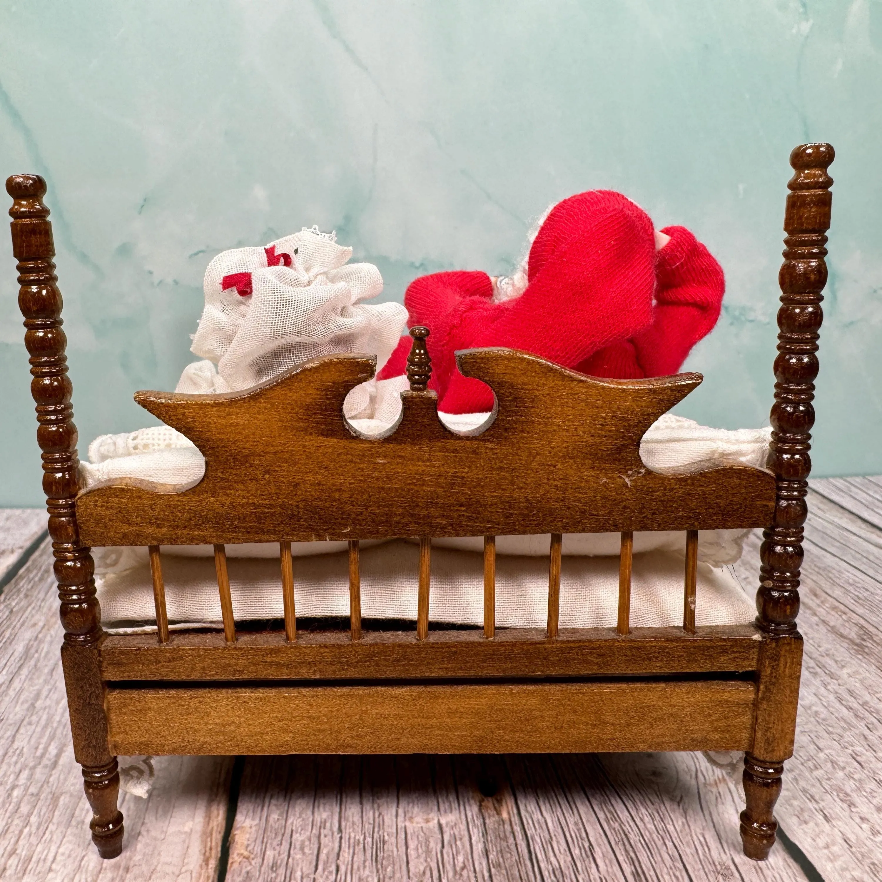 Dollhouse Miniature  ~ Artisan Twin Minis Handmade Hand Sculpted Santa & Mrs. Claus Dolls in Bed Christmas