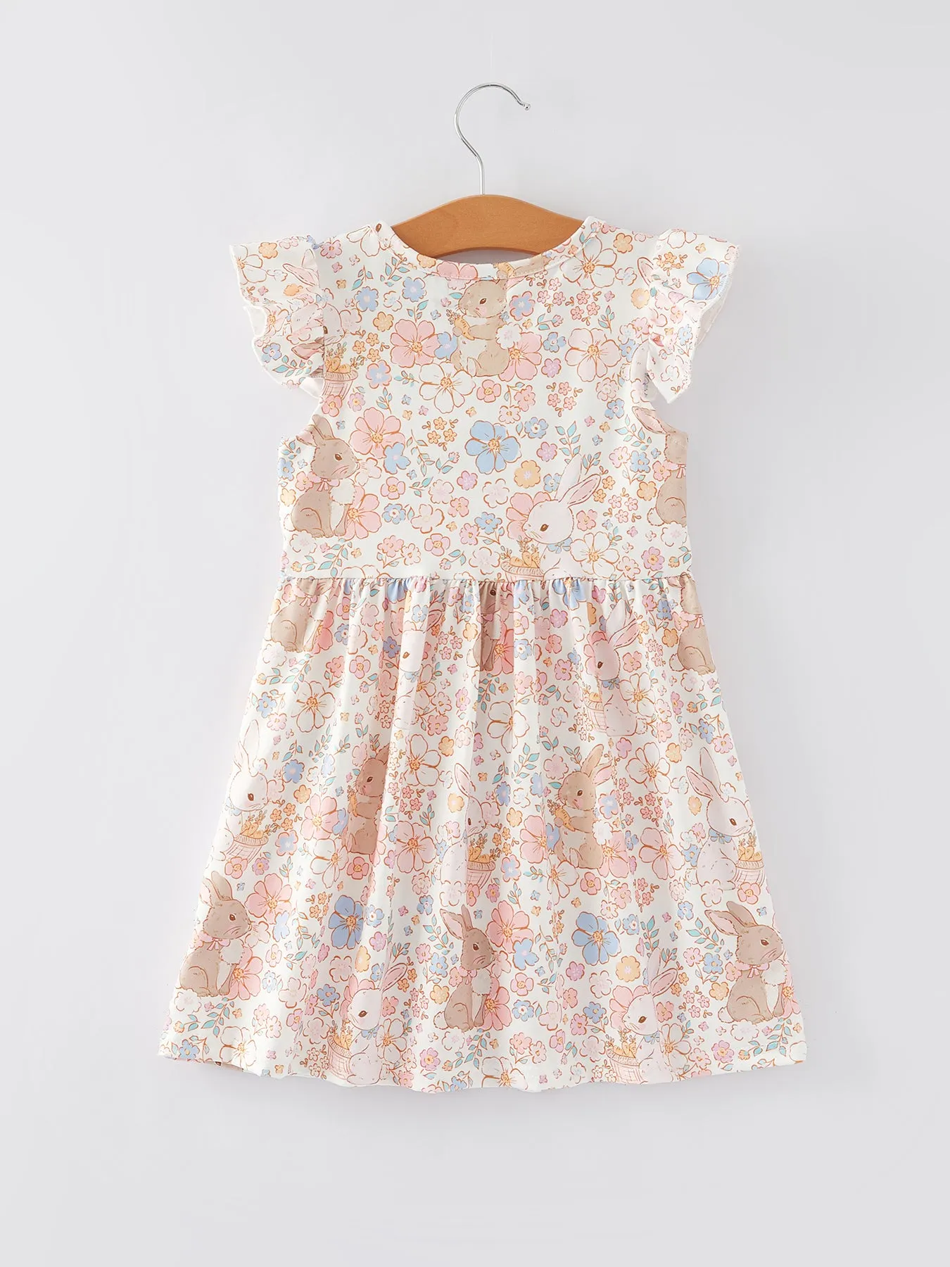Easter Bunny Floral Print Fly Sleeve Girls Dress