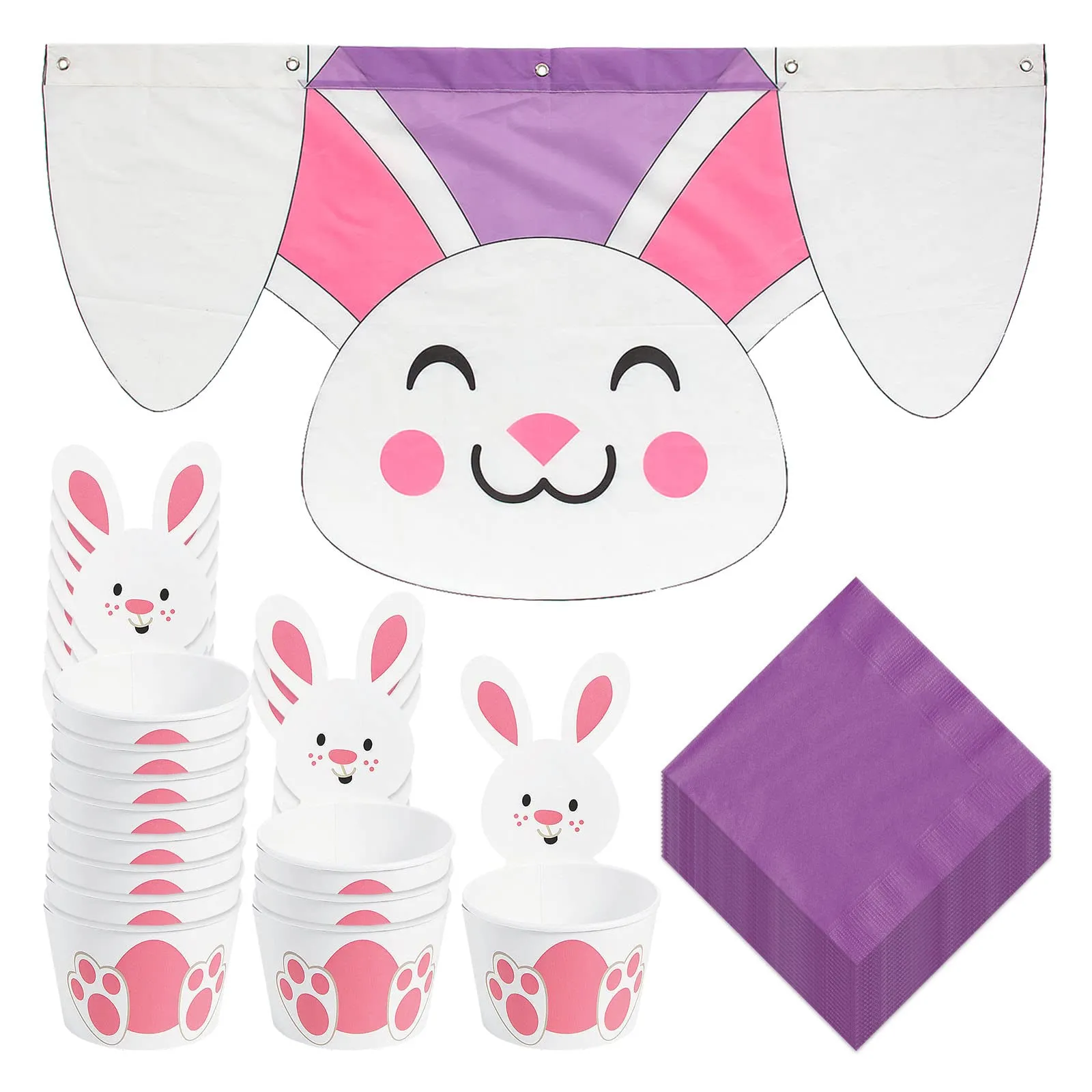 Easter Party Supplies - White Easter Bunny Treat Cups, Beverage Napkins, and Bunting Decoration (Serves 12)