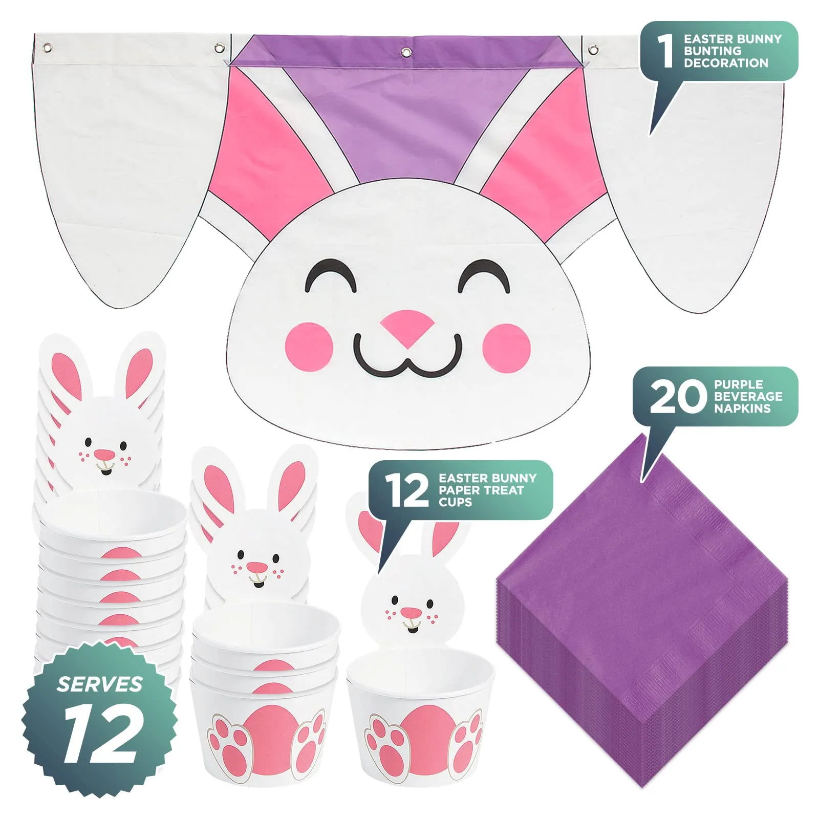 Easter Party Supplies - White Easter Bunny Treat Cups, Beverage Napkins, and Bunting Decoration (Serves 12)