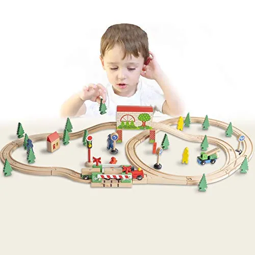 FUNPENY 60 Pcs Colorful Wooden Train and Track Sets,Train Railway Sets Toys for 3  Years Kids,Boys,Girls Deluxe Holiday Gifts