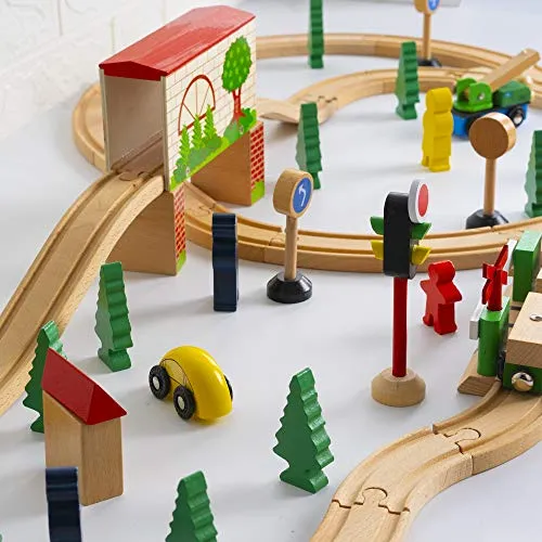 FUNPENY 60 Pcs Colorful Wooden Train and Track Sets,Train Railway Sets Toys for 3  Years Kids,Boys,Girls Deluxe Holiday Gifts