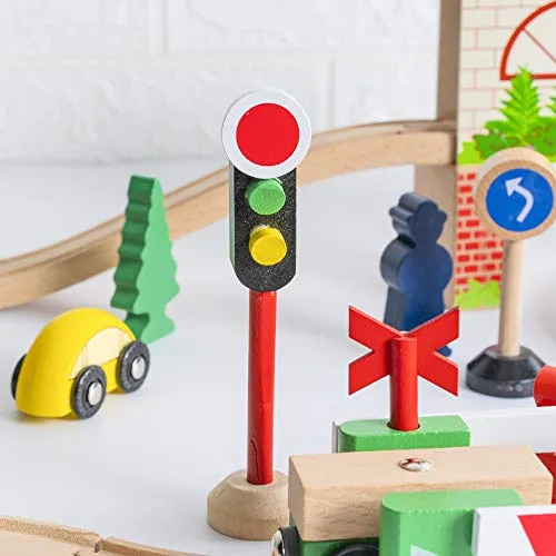 FUNPENY 60 Pcs Colorful Wooden Train and Track Sets,Train Railway Sets Toys for 3  Years Kids,Boys,Girls Deluxe Holiday Gifts