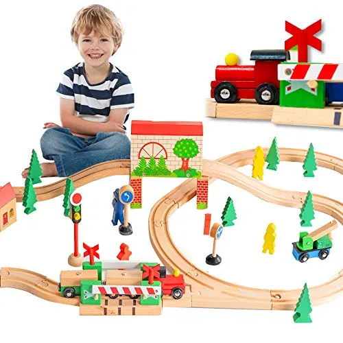 FUNPENY 60 Pcs Colorful Wooden Train and Track Sets,Train Railway Sets Toys for 3  Years Kids,Boys,Girls Deluxe Holiday Gifts