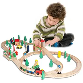 FUNPENY 60 Pcs Colorful Wooden Train and Track Sets,Train Railway Sets Toys for 3  Years Kids,Boys,Girls Deluxe Holiday Gifts