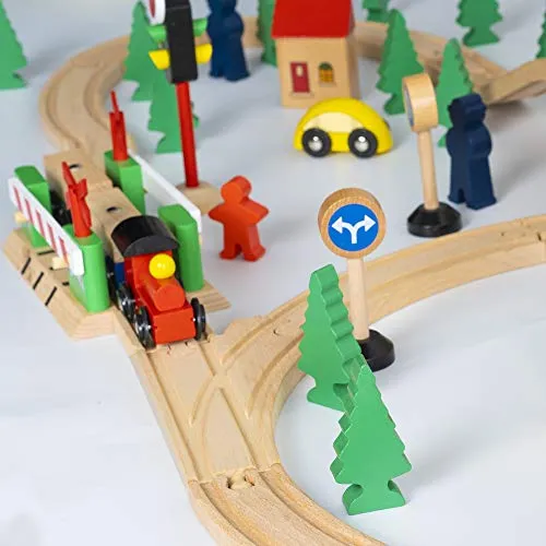 FUNPENY 60 Pcs Colorful Wooden Train and Track Sets,Train Railway Sets Toys for 3  Years Kids,Boys,Girls Deluxe Holiday Gifts