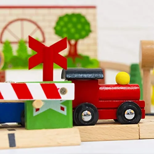 FUNPENY 60 Pcs Colorful Wooden Train and Track Sets,Train Railway Sets Toys for 3  Years Kids,Boys,Girls Deluxe Holiday Gifts