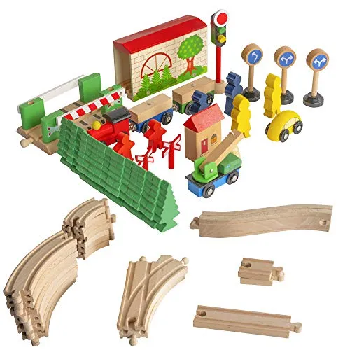 FUNPENY 60 Pcs Colorful Wooden Train and Track Sets,Train Railway Sets Toys for 3  Years Kids,Boys,Girls Deluxe Holiday Gifts