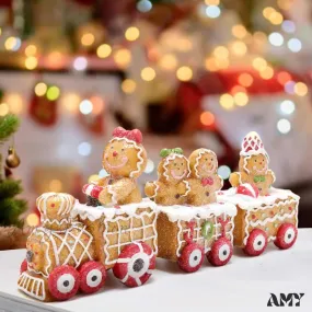Gingerbread Man Train Figurines - Festive Indoor Decor for Table Centerpiece and Fireplace