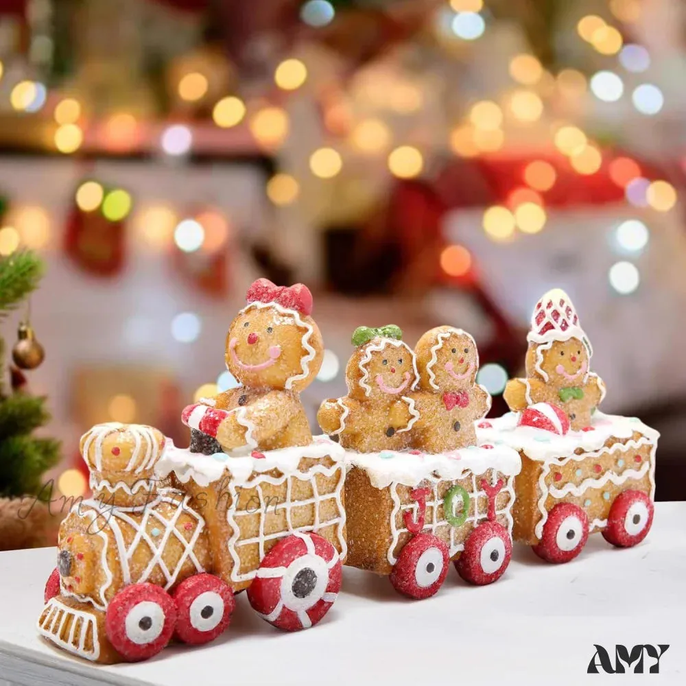 Gingerbread Man Train Figurines - Festive Indoor Decor for Table Centerpiece and Fireplace