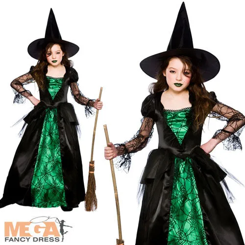 Girls Emerald Witch Halloween Fancy Dress Witches Costume