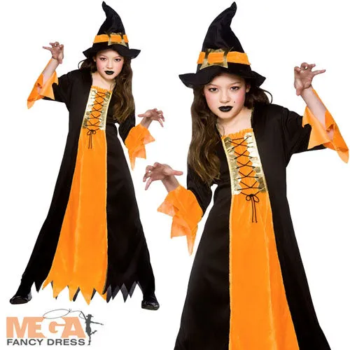 Girls Halloween Cauldron Witch Fancy Dress Costume