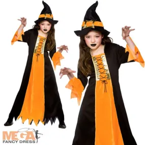 Girls Halloween Cauldron Witch Fancy Dress Costume