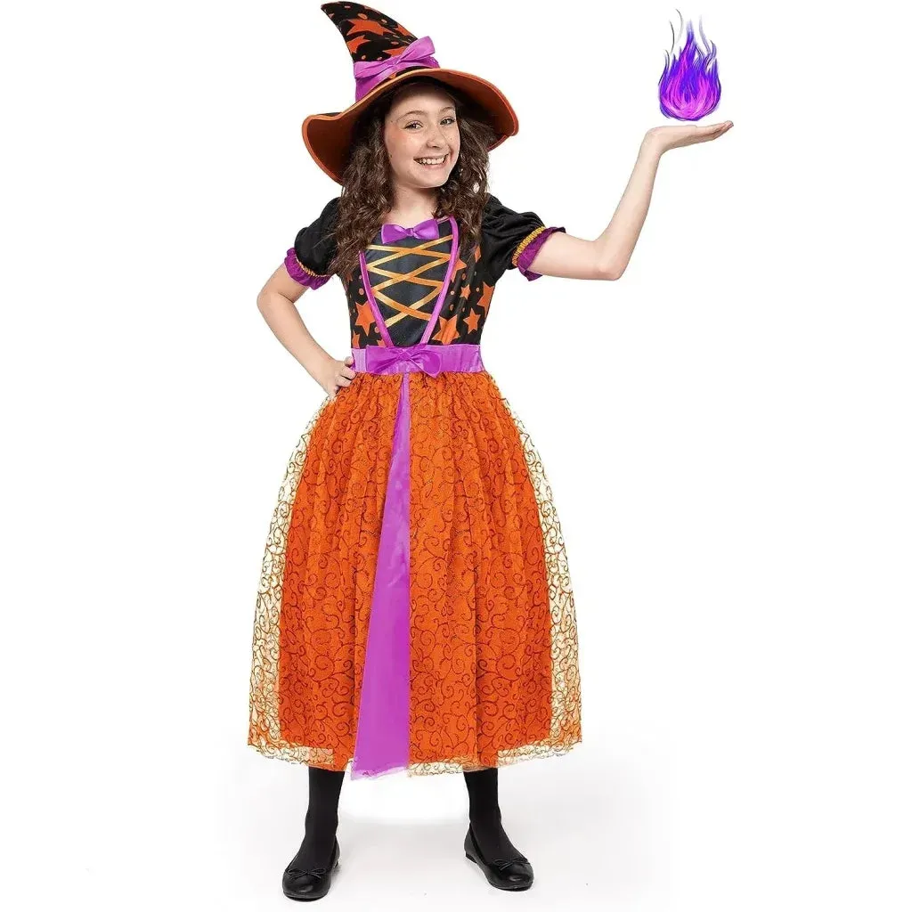 Girls Light-Up Orange Witch Costume, Fairy Tale Witch Halloween Costume