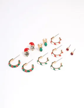Gold Candy Cane Stud & Hoop Earrings 6-Pack