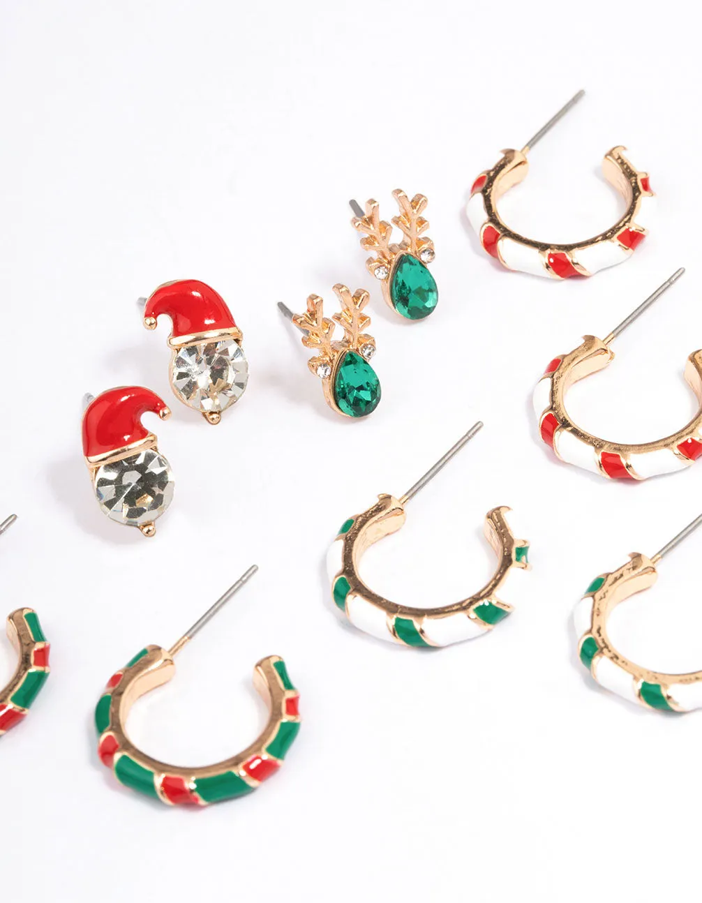 Gold Candy Cane Stud & Hoop Earrings 6-Pack