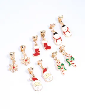 Gold Christmas Clip On Drop Earrings 5-Pack
