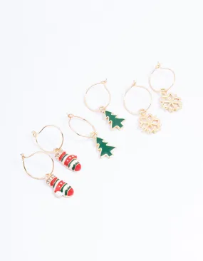 Gold Christmas Hoop Earrings 3-Pack