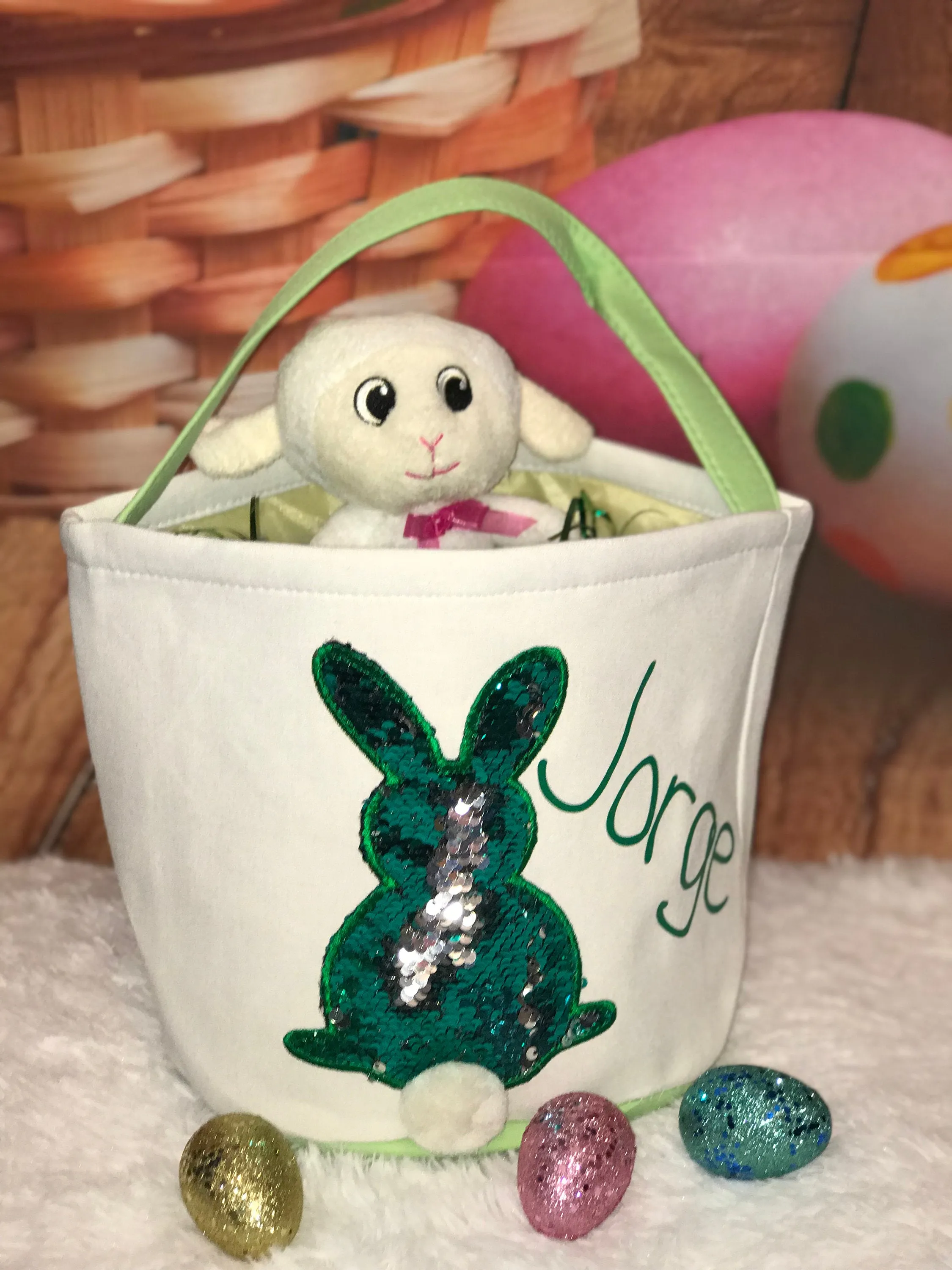 Green / Silver Reverse Sequin Personalized Canvas Bunny Easter Basket, basket, easter, Personalization, sequin, glitter, reversible, mermaid