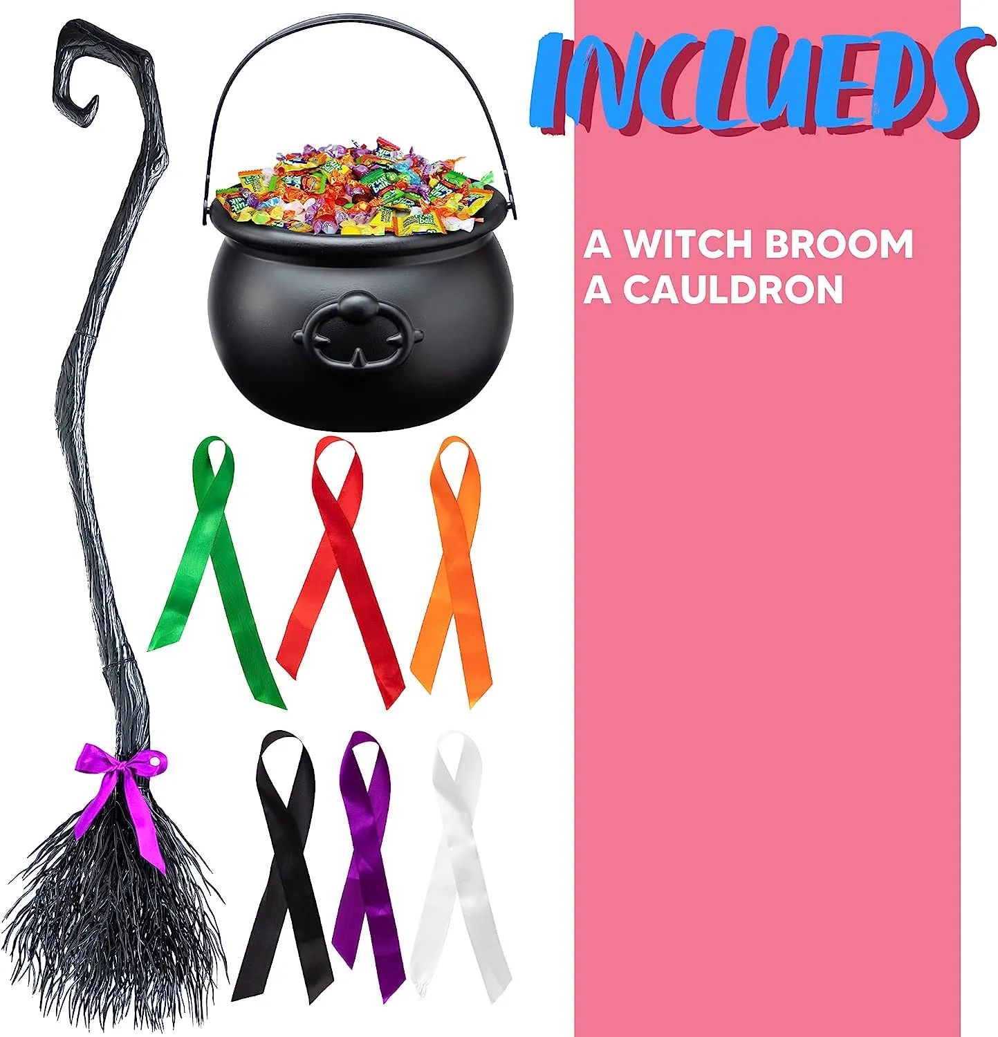 Halloween Black Witch Broom and Cauldron