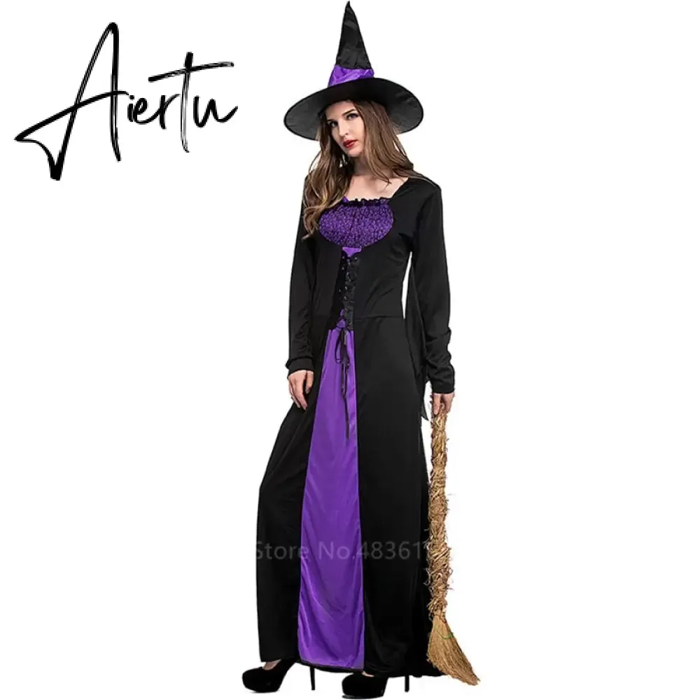Halloween Witch Vampire Costumes for Women Adult Scary Purple Carnival Party Performance Drama Masquerade Clothing with Hat