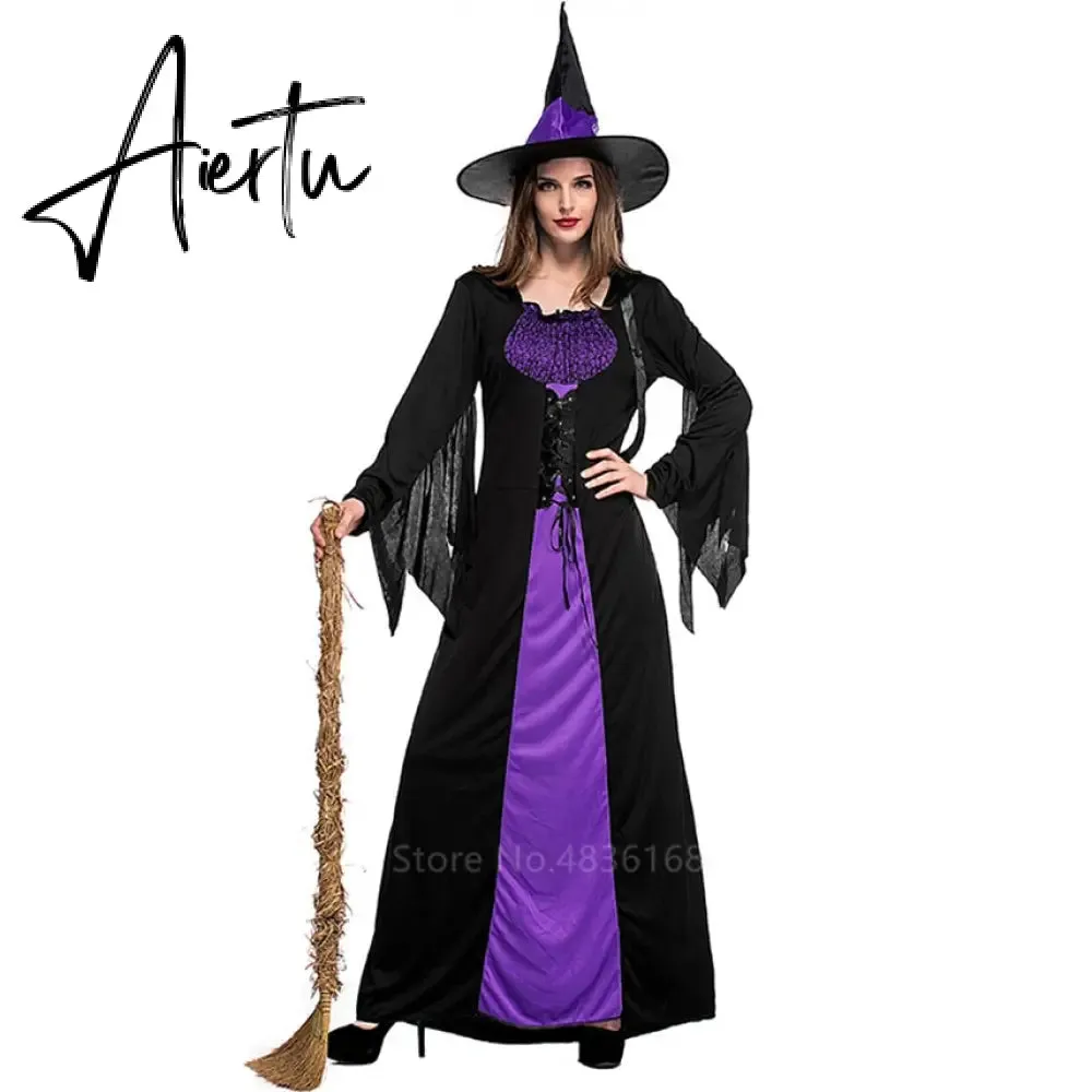 Halloween Witch Vampire Costumes for Women Adult Scary Purple Carnival Party Performance Drama Masquerade Clothing with Hat