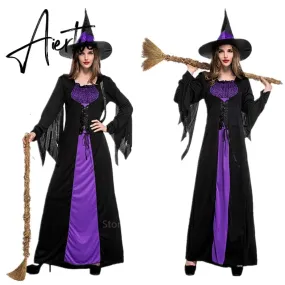 Halloween Witch Vampire Costumes for Women Adult Scary Purple Carnival Party Performance Drama Masquerade Clothing with Hat