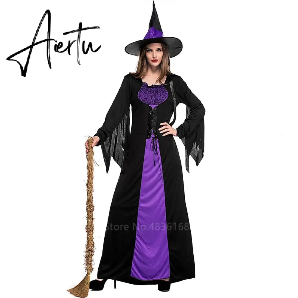 Halloween Witch Vampire Costumes for Women Adult Scary Purple Carnival Party Performance Drama Masquerade Clothing with Hat