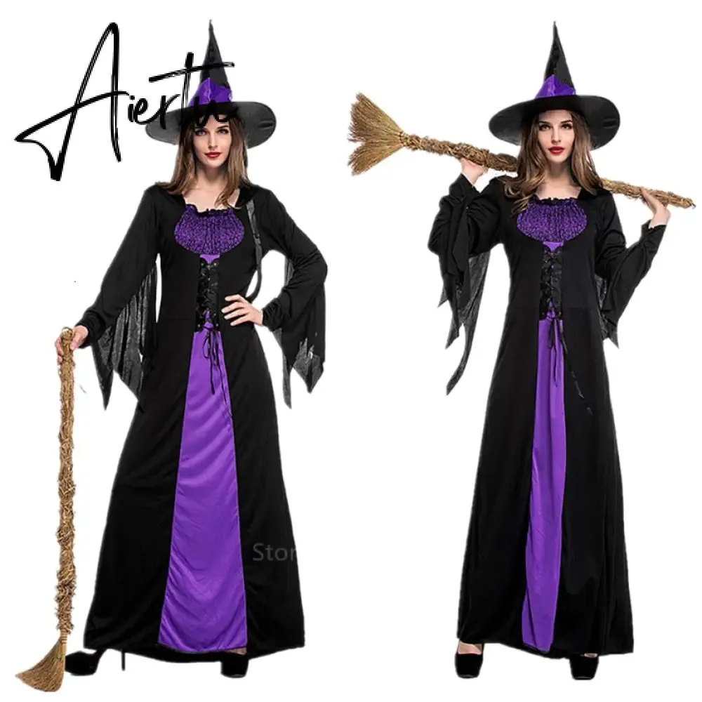 Halloween Witch Vampire Costumes for Women Adult Scary Purple Carnival Party Performance Drama Masquerade Clothing with Hat