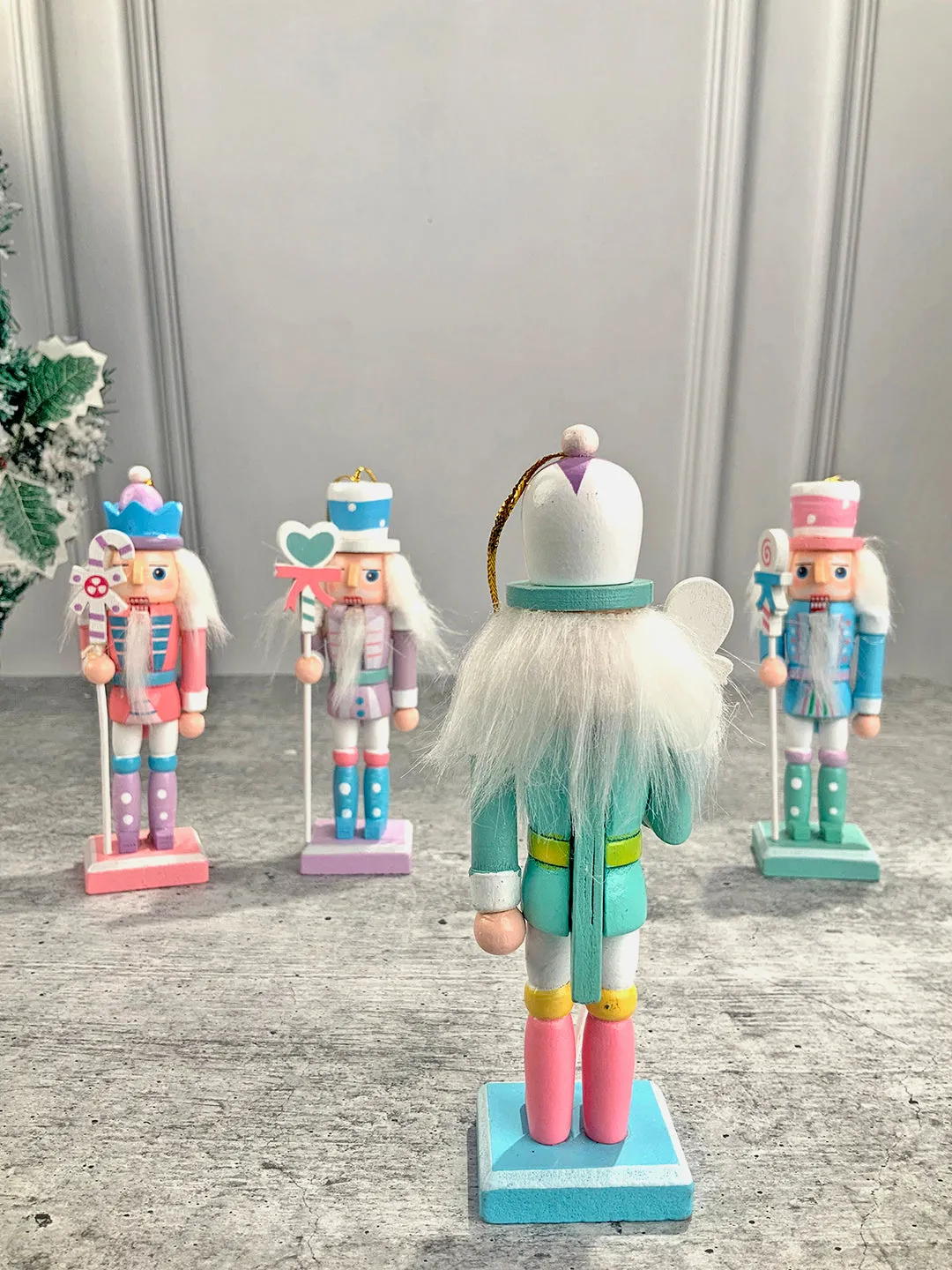 Little Surprise Box Pastel Candy theme, set of 4 Wooden Nutcrackers Christmas Tree Ornaments