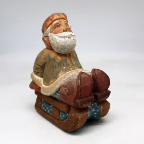 One-of-a-Kind Santa on Sleigh WOODCARVED Figurine 5.5x4x3"  by G.DeBrekht, - Unique Handcarved and Handpainted Collectible