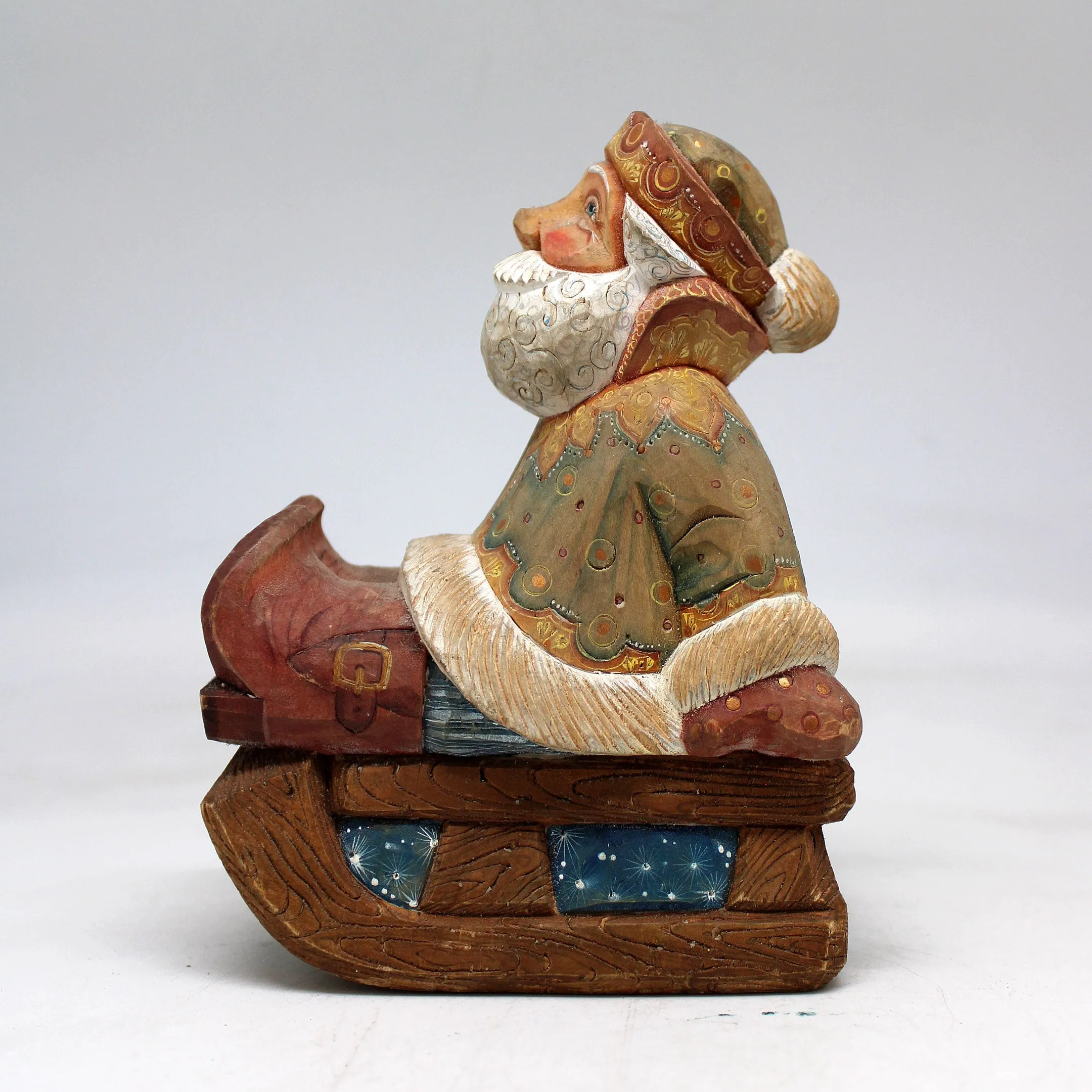 One-of-a-Kind Santa on Sleigh WOODCARVED Figurine 5.5x4x3"  by G.DeBrekht, - Unique Handcarved and Handpainted Collectible